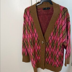 Mango Pink and Brown Argyle Button-Front Cardigan
